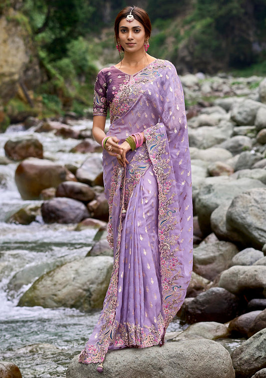 Light Violet Silk Heavy Thread Embroidery With Sequins Work Saree With Blouse