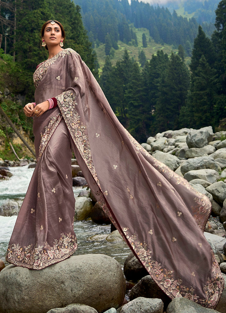Brown Silk Heavy Thread Embroidery With Sequins Work Saree With Blouse