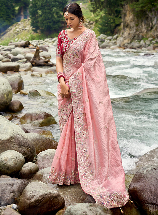 Baby Pink Silk Heavy Thread Embroidery With Sequins Work Saree With Blouse