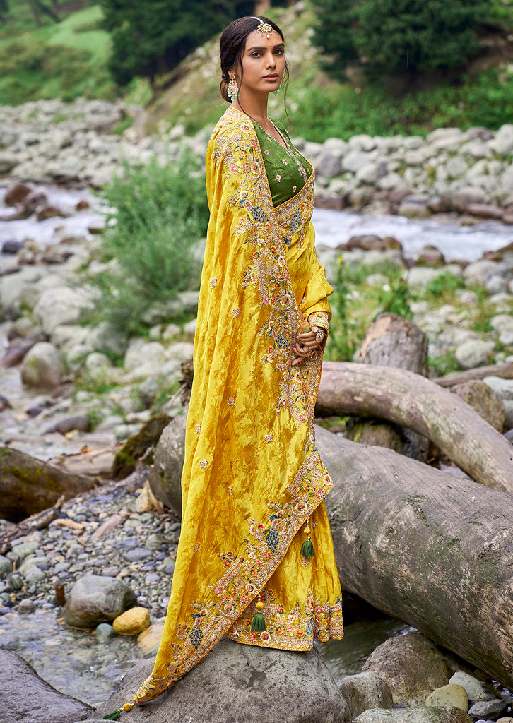 Mustard Silk Heavy Thread Embroidery With Sequins Work Saree With Blouse