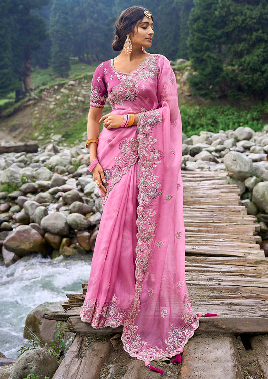 Pink Silk Heavy Thread Embroidery With Sequins Work Saree With Blouse
