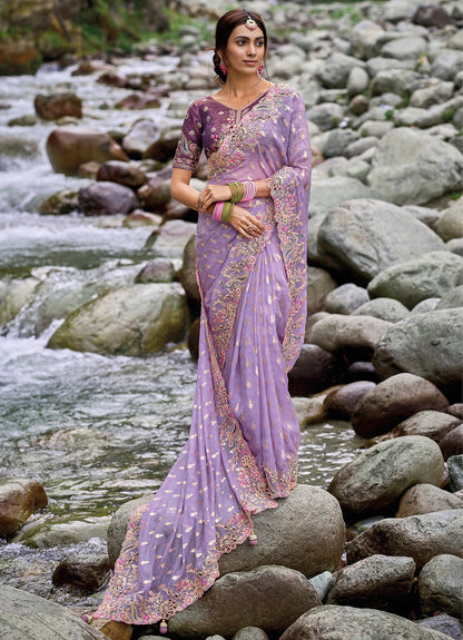 Light Violet Silk Heavy Thread Embroidery With Sequins Work Saree With Blouse