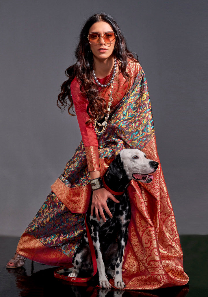 Black Kashmiri Silk Kashmiri Chaap Jacquard Woven Saree With Blouse