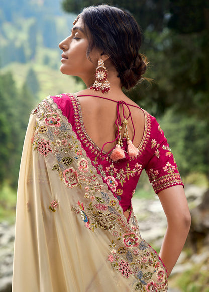 Cream Silk Heavy Thread Embroidery With Sequins Work Saree With Blouse