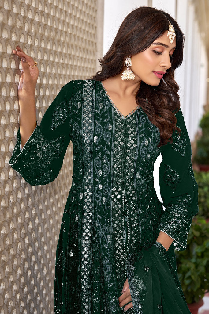 Bottel Green Georgette Heavy Thread, Zari & Sequance Embroidered Work Salwar Kameez