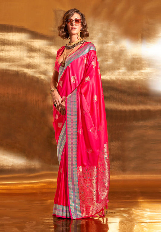 RaniPink Pure Satin Silk Jacquard Woven Saree With Blouse