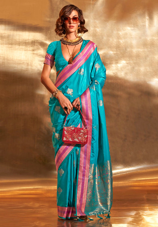 Turquoise Pure Satin Silk Jacquard Woven Saree With Blouse