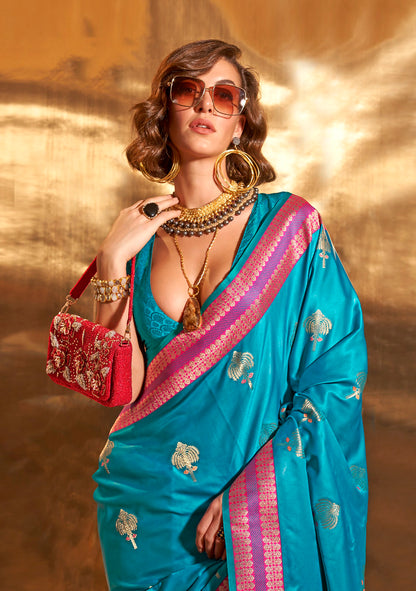 Turquoise Pure Satin Silk Jacquard Woven Saree With Blouse