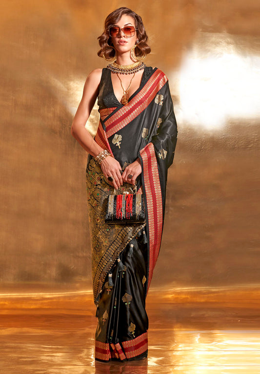 Black Pure Satin Silk Jacquard Woven Saree With Blouse