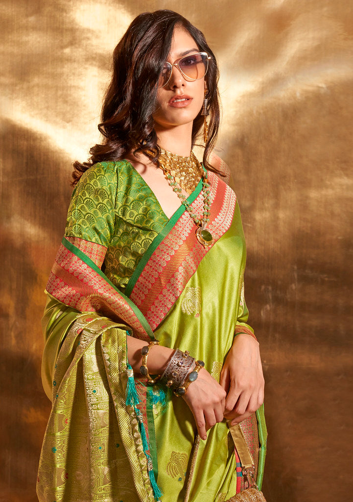 LightGreen Pure Satin Silk Jacquard Woven Saree With Blouse