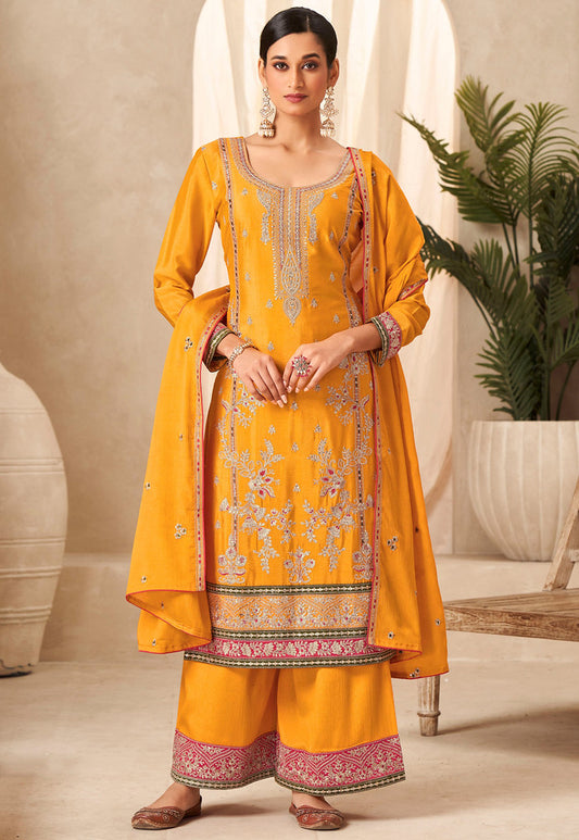 Mustard Heavy Premium Chinon Heavy Thread Embroidery With Sequins Work Salwar Kameez (Top Free Size Sticthed)