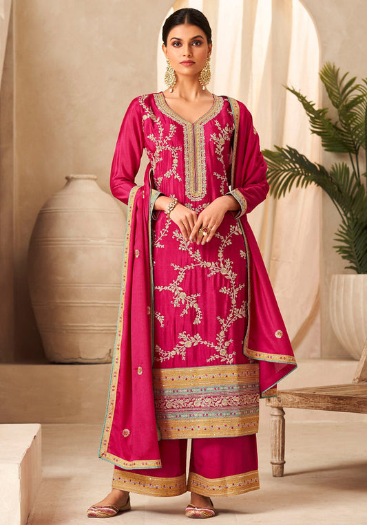 Rani Pink Heavy Premium Chinon Heavy Thread Embroidery With Sequins Work Salwar Kameez (Top Free Size Sticthed)