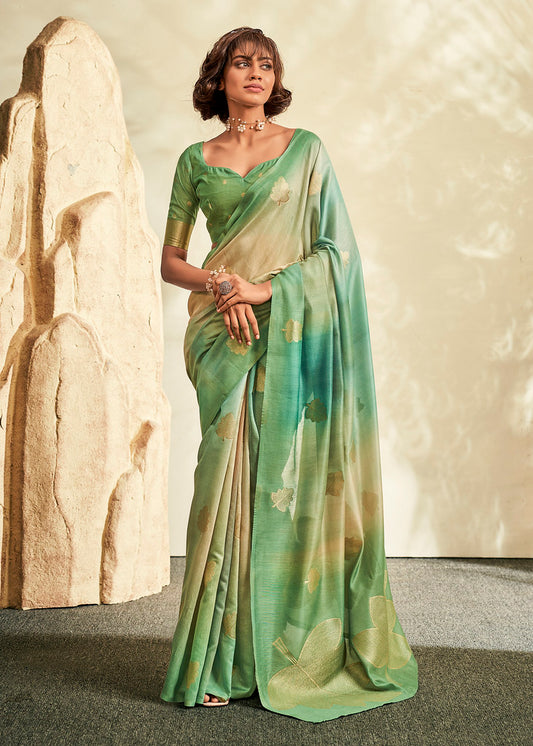 Green Handloom Khadi Jacquard Woven With Digital Print Saree With Blouse