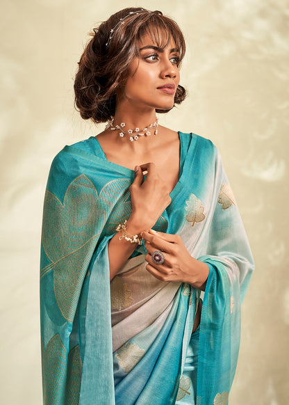 Turquoise Handloom Khadi Jacquard Woven With Digital Print Saree With Blouse