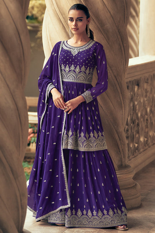 Violet Real Georgette Heavy Thread Embroidery With Sequins Work Salwar Kameez (Top-Semi Stitch & Bottom-Free Size stitched)