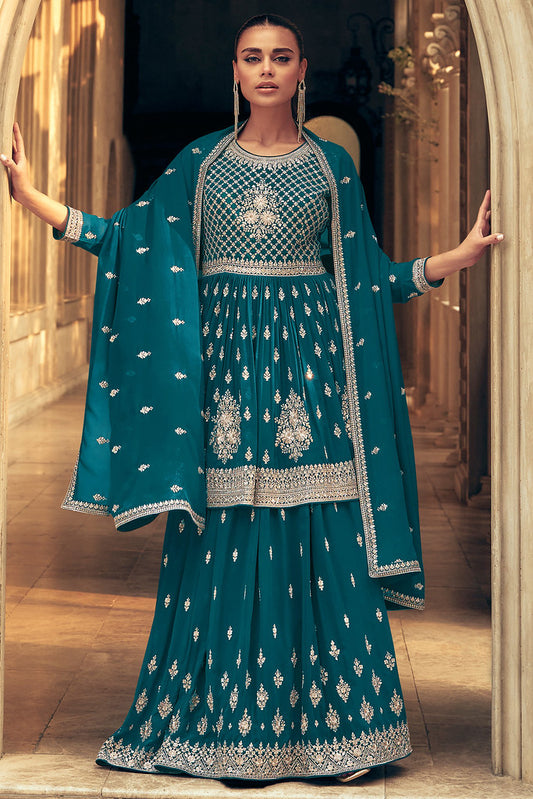 Teal Real Georgette Heavy Thread Embroidery With Sequins Work Salwar Kameez (Top-Semi Stitch & Bottom-Free Size stitched)
