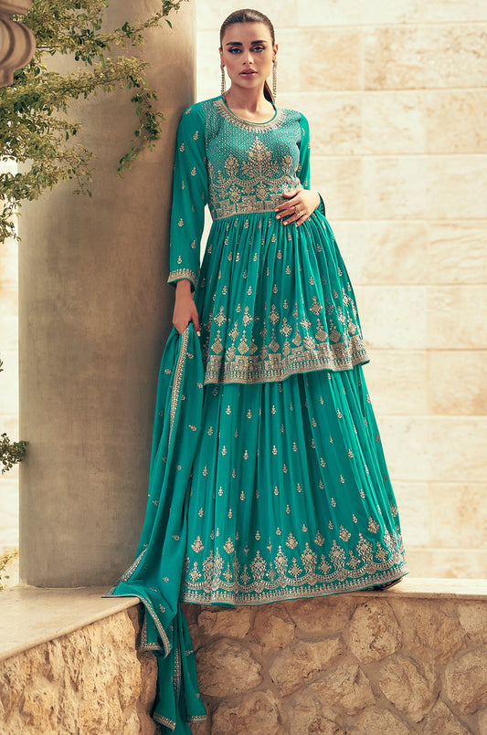 Rama Green Real Georgette Heavy Thread Embroidery With Sequins Work Salwar Kameez (Top-Semi Stitch & Bottom-Free Size stitched)