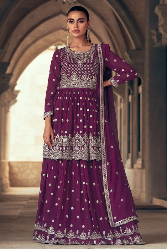 Purple Real Georgette Heavy Thread Embroidery With Sequins Work Salwar Kameez (Top-Semi Stitch & Bottom-Free Size stitched)