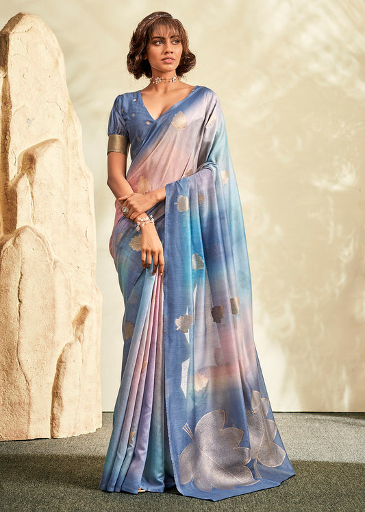 Multicolor Handloom Khadi Jacquard Woven With Digital Print Saree With Blouse