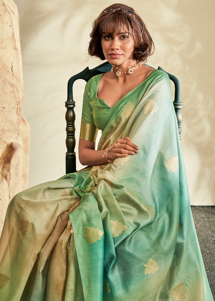 Green Handloom Khadi Jacquard Woven With Digital Print Saree With Blouse