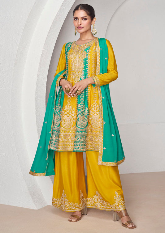 Yellow & Rama Premium Chinnon Silk Heavy Thread Embroidery With Sequins Work Salwar Kameez (Fully Free Size Stitched)