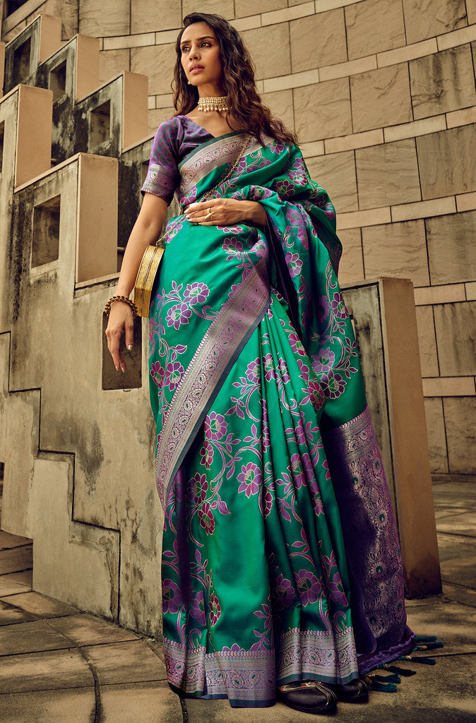 Green Satin Brasso Jacquard Woven Saree With Blouse
