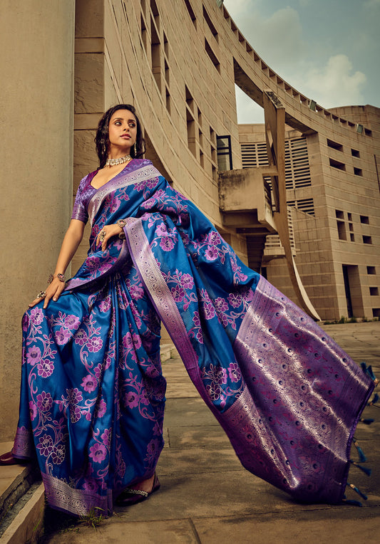 Blue Satin Brasso Jacquard Woven Saree With Blouse