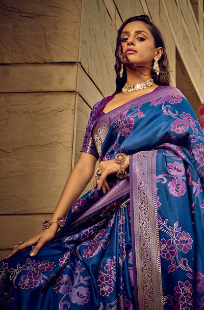 Blue Satin Brasso Jacquard Woven Saree With Blouse