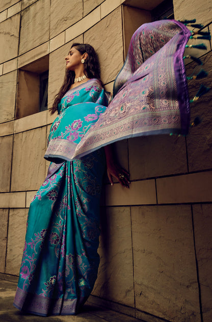 Teal Satin Brasso Jacquard Woven Saree With Blouse