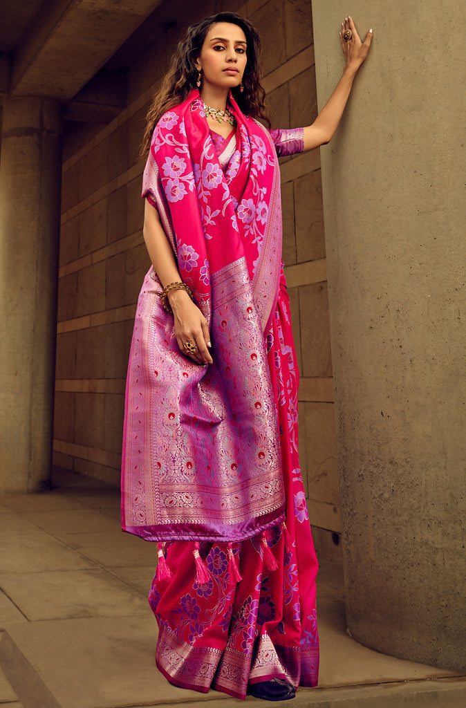 Rani Pink Satin Brasso Jacquard Woven Saree With Blouse