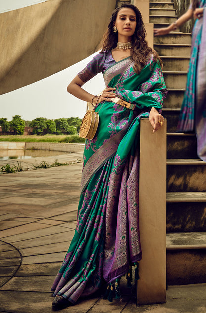 Green Satin Brasso Jacquard Woven Saree With Blouse