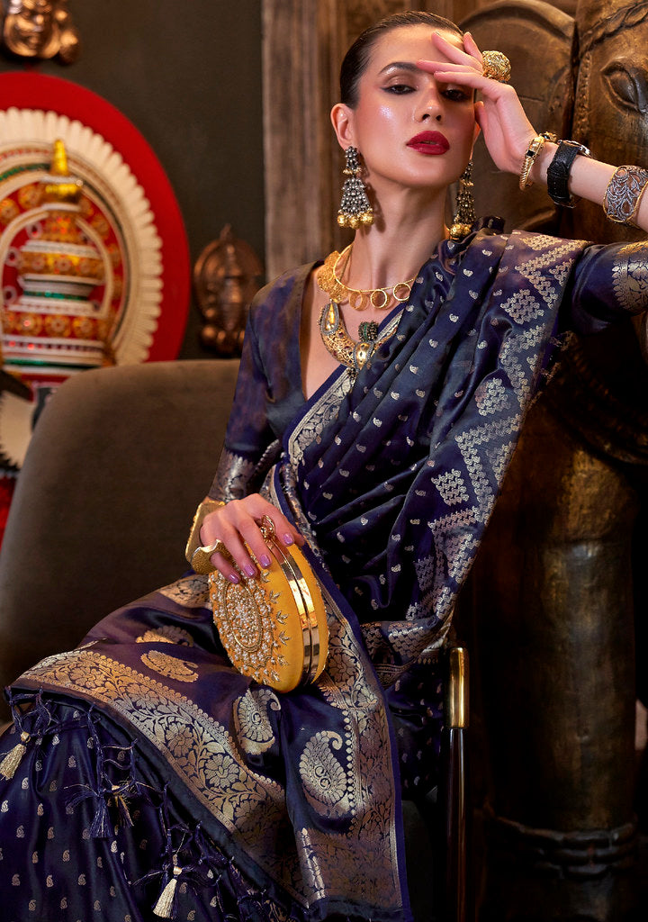DarkBlue Satin Silk Jacquard Woven Saree With Blouse