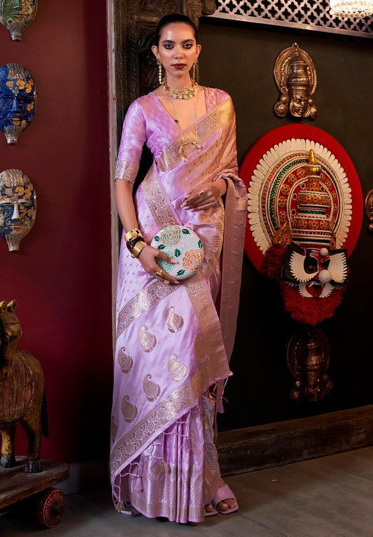 Lavender Satin Silk Jacquard Woven Saree With Blouse