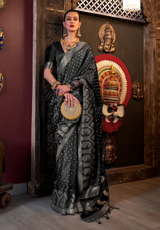 Black Satin Silk Jacquard Woven Saree With Blouse
