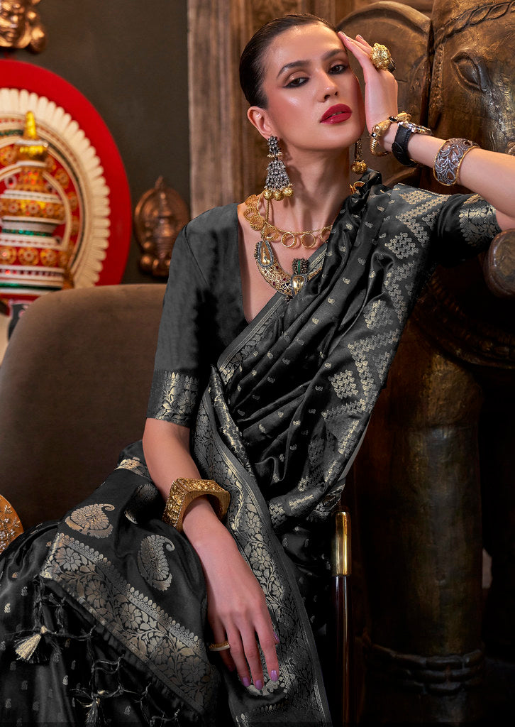 Black Satin Silk Jacquard Woven Saree With Blouse