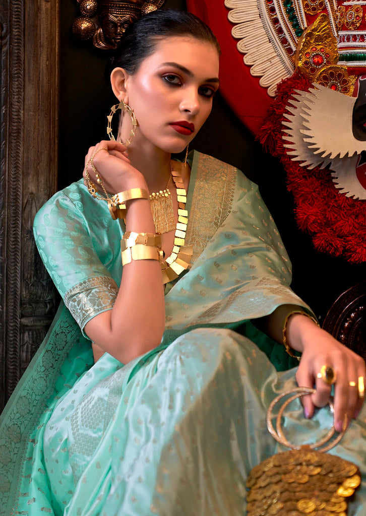 Mint Satin Silk Jacquard Woven Saree With Blouse