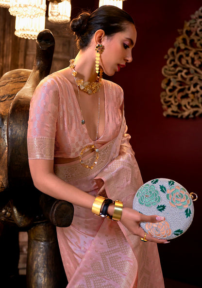 Pink Satin Silk Jacquard Woven Saree With Blouse