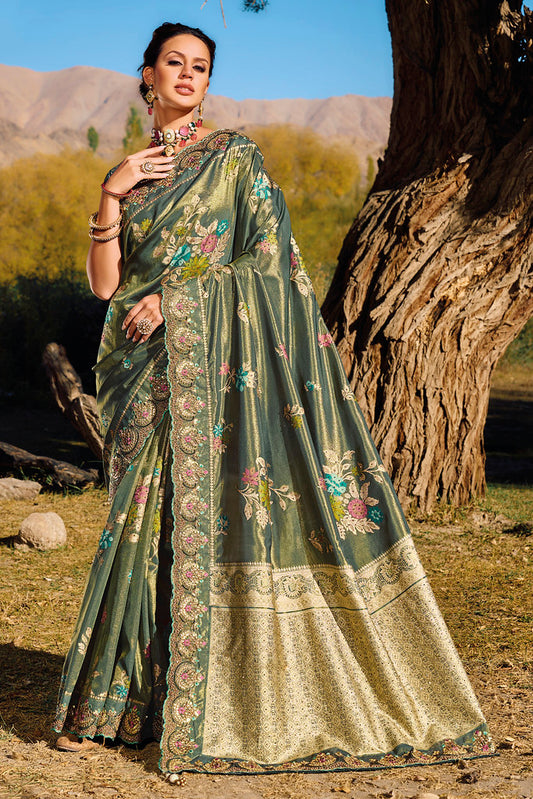 BottelGreen Pure Banarasi Silk Heavy Thread Embroided & Mirror Work with Cut dana Work Saree With Blouse