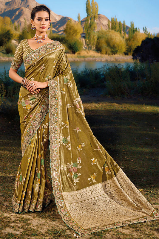 Merigold Pure Banarasi Silk Heavy Thread Embroided & Mirror Work with Cut dana Work Saree With Blouse