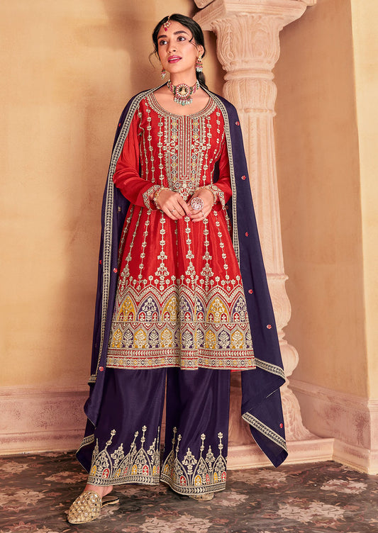 Red Premium Chinnon Silk Heavy Thread Embroidery With Sequins Work Salwar Kameez (Top-Free Size Stitch & Bottom-Free Size stitched)