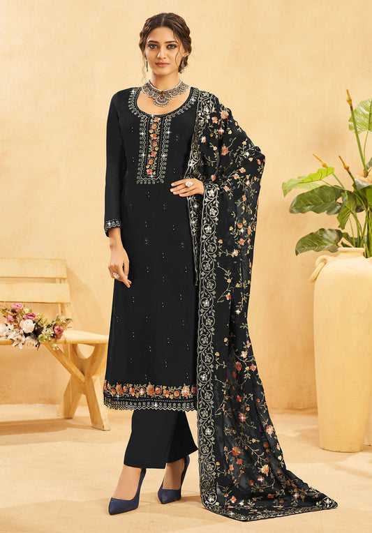 Black Organza Heavy Thread Embroidery With Sequins Work Semi Stitched Salwar Kameez