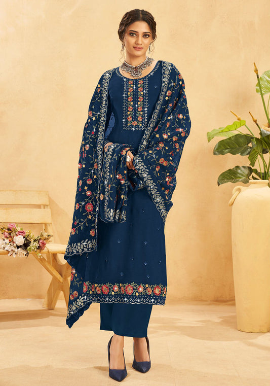 Blue Organza Heavy Thread Embroidery With Sequins Work Semi Stitched Salwar Kameez