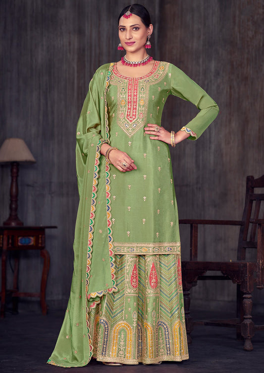 PistaGreen Premium Chinon Heavy Thread, Sequence and Cording Embroidery Work Salwar Kameez (Fully Free Size Stitch)