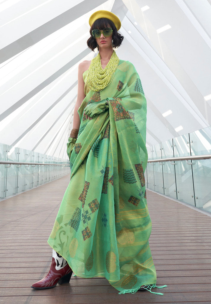 Pista Green Tissue Digital Print Saree With Blouse
