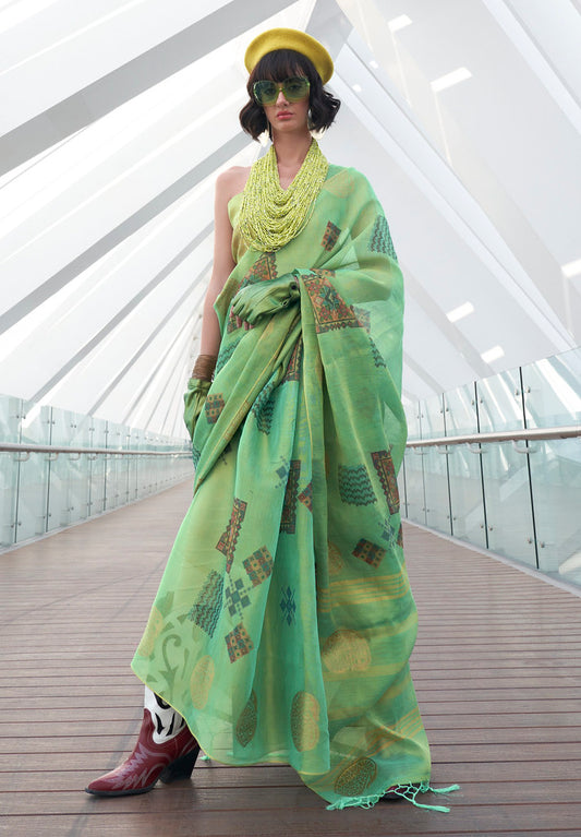 Pista Green Tissue Digital Print Saree With Blouse