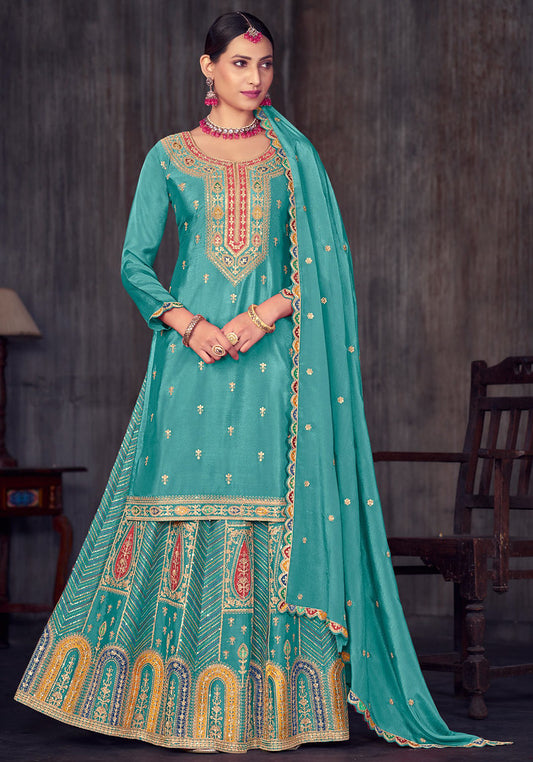 Teal Premium Chinon Heavy Thread, Sequence and Cording Embroidery Work Salwar Kameez (Fully Free Size Stitch)