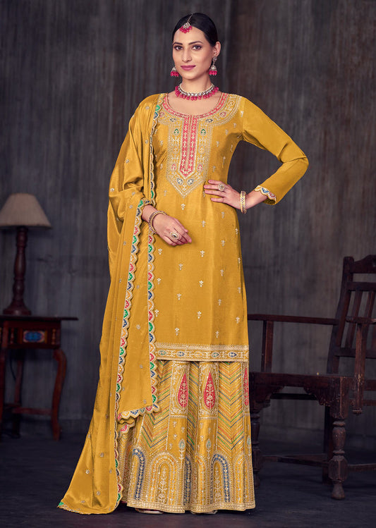 Mustard Premium Chinon Heavy Thread, Sequence and Cording Embroidery Work Salwar Kameez (Fully Free Size Stitch)