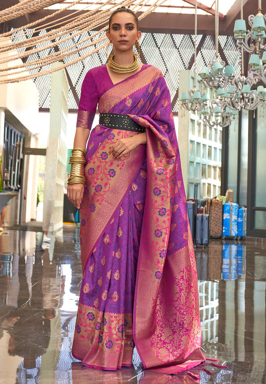 Violet Handloom Silk Jacquard Woven Saree With Blouse