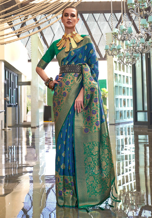 Blue Handloom Silk Jacquard Woven Saree With Blouse