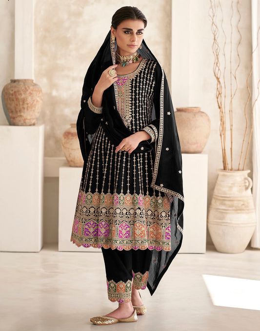 Black Premium Chinon Heavy Thread, Sequence and Cording Embroidery Work Salwar Kameez (Fully Free Size Stitch)